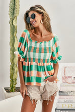 Load image into Gallery viewer, BiBi Apricot and Green Smocked Plaid Top Shirts &amp; Tops BiBi   
