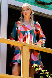 Jodifl Multicolor Printed Dress with Ruffled Hem in Burgundy Mix Dress Jodifl   