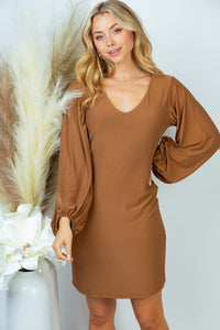 Solid Knit Dress with Blouson Sleeves in Chestnut-FINAL SALE Dress White Birch   