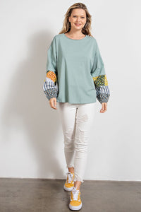 Easel Cotton Jersey Loose Fit Top in Sage Blue Top Easel   