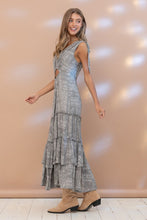 Load image into Gallery viewer, Ruffled Tiered Gray Print Maxi Dress with Front Slit and Open Back Dresses Blue B   
