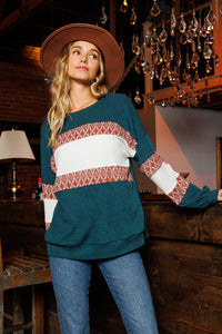 Ces Femme Hunter Green Multi Textured Color Block Long Sleeve Top Shirts & Tops Ces Femme   