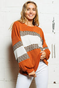 Ces Femme Rust Multi Textured Color Block Long Sleeve Top Shirts & Tops Ces Femme   