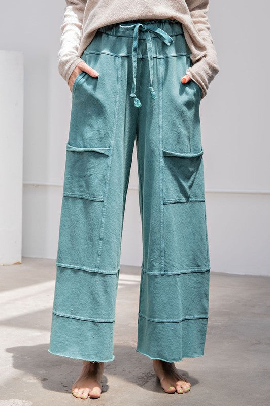 Easel Mineral Washed Terry Knit Pants in Teal Green ON ORDER