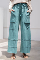 Easel Mineral Washed Terry Knit Pants in Teal Green Pants Easel   