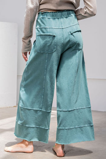 Easel Mineral Washed Terry Knit Pants in Teal Green Pants Easel   