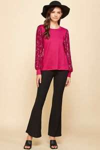 Solid Top with Sequins Detailed Sleeves in Magenta Top Les Amis   