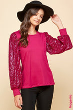 Load image into Gallery viewer, Solid Top with Sequins Detailed Sleeves in Magenta Top Les Amis   
