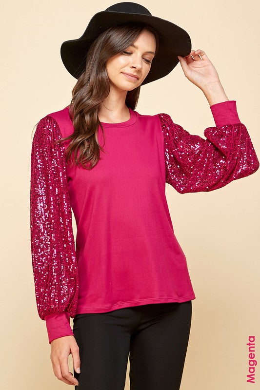 Solid Top with Sequins Detailed Sleeves in Magenta FINAL SALE Top Les Amis   