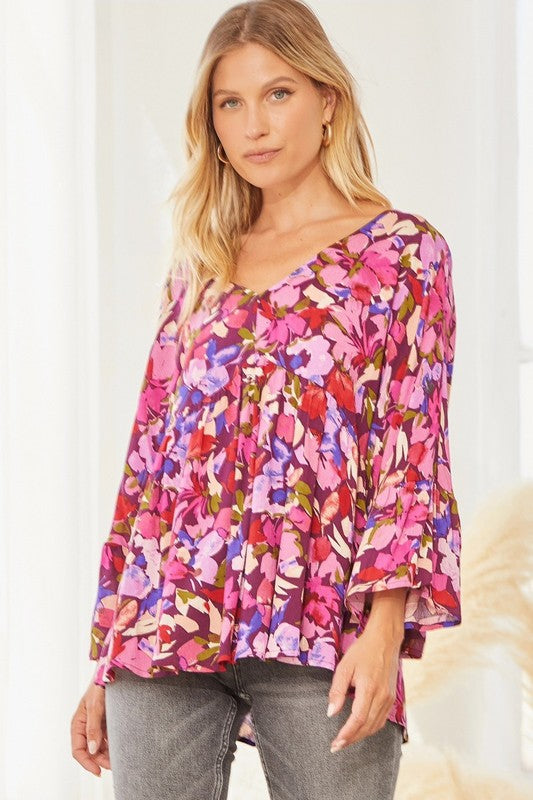 Mixed Floral Print Top in Magenta