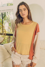 Load image into Gallery viewer, BiBi Waffle Knit Color Block Top with Uneven Hemline in Oatmeal Combo Top BiBi   
