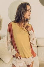 Load image into Gallery viewer, BiBi Waffle Knit Color Block Top with Uneven Hemline in Oatmeal Combo Top BiBi   
