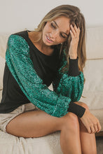 Load image into Gallery viewer, BiBi Fitted Black Top with Teal Sequin Sleeves FINAL SALE Top BiBi   
