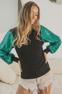 BiBi Fitted Black Top with Teal Sequin Sleeves FINAL SALE Top BiBi   
