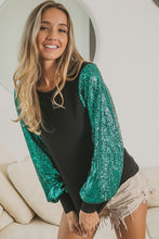 Load image into Gallery viewer, BiBi Fitted Black Top with Teal Sequin Sleeves FINAL SALE Top BiBi   
