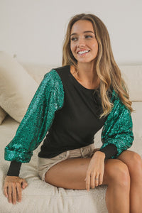 BiBi Fitted Black Top with Teal Sequin Sleeves FINAL SALE Top BiBi   