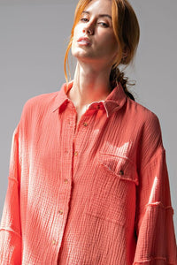 Easel Loose Fit Gauze Top in Coral Shirts & Tops Easel   