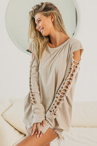 BiBi Solid Color Top with Twisted Die Cut Sleeves in Taupe  BiBi   