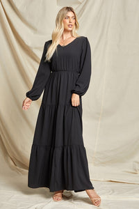 Long Solid Tiered Maxi Dress in Black Dress Beeson River   