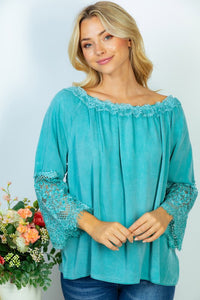 Woven Off Shoulder Top in Pool Green Top White Birch   