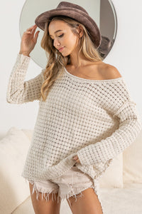Raw Edge Detailed Pointelle High And Low Knit Top in Oatmeal Top BiBi   