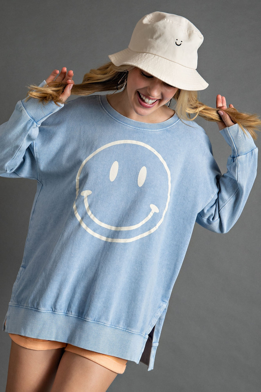 Easel Smiley Face Top in Peri Blue Shirts & Tops Easel   
