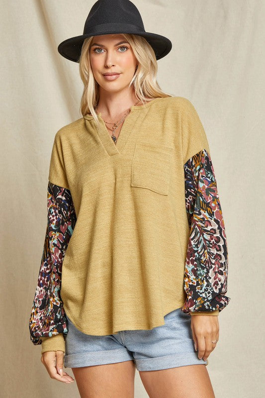 Floral Sleeve Mustard Top Top Beeson River   