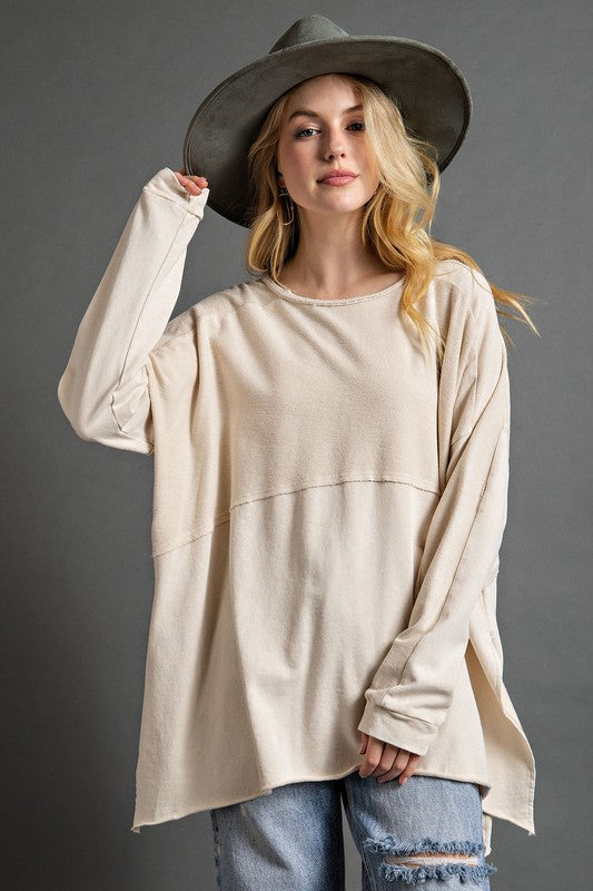 Easel Terry Knit Pullover Top with Side Slits in Khaki Top Easel   