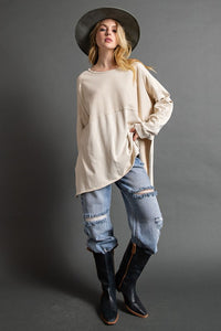 Easel Terry Knit Pullover Top with Side Slits in Khaki Top Easel   