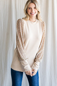 Solid Leopard Long Balloon Sleeves Top in Natural Top Jodifl   