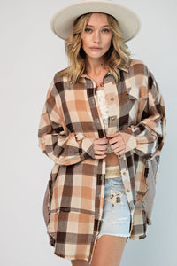 Easel Plaid Oversized Shirt Dress in Coral Brown Top Easel   
