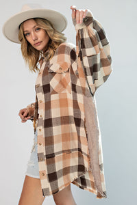Easel Plaid Oversized Shirt Dress in Coral Brown Top Easel   