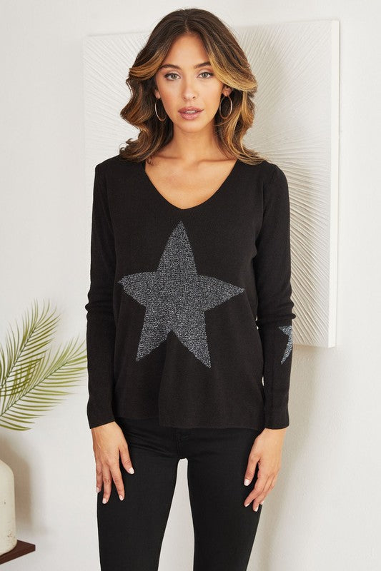 Shimmer Star Logo Lightweight Sweater in Black FINAL SALE – June Adel