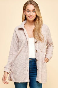 Fuzzy Button Front Shacket in Taupe Solid Poodle Shacket Shacket Les Amis   