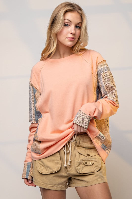 Easel Terry Knit Loose Fit Pullover in Peach Top Easel   