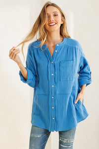 Shirring Detailed Gauze Blouse Top in Indigo Blue Top Ces Femme   