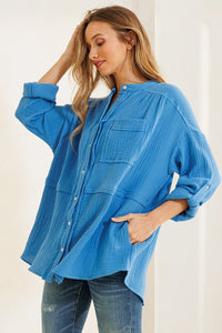 Shirring Detailed Gauze Blouse Top in Indigo Blue Top Ces Femme   