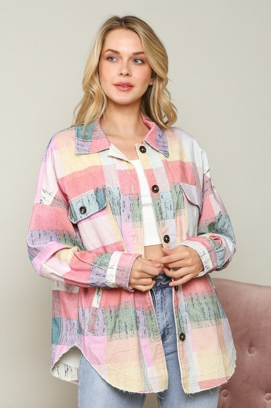 Peach Love CA Rainbow Checkered Pastel Shacket Shirt Jacket Oversized  IJ34652-01