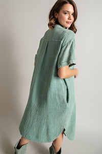Easel Mineral Washed Button Down Dress in Sage Green Dress Easel   