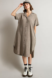 Easel Mineral Washed Button Down Dress in Mushroom Dress Easel   