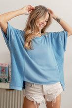 Load image into Gallery viewer, French Terry Raw Edge Uneven Hem Crew Neck Top in Denim Top BiBi   
