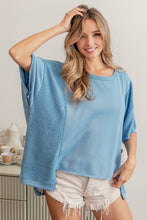 Load image into Gallery viewer, French Terry Raw Edge Uneven Hem Crew Neck Top in Denim Top BiBi   
