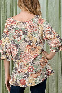 Floral Patterned Bubble Sleeve Woven Top in Sage Top Crepas   