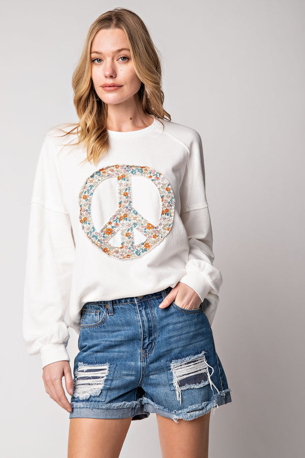 Easel Peace Sign Washed Terry Knit Pullover in Off White ON ORDER Top Easel   