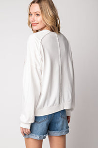 Easel Peace Sign Washed Terry Knit Pullover in Off White Top Easel   