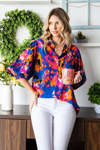 First Love Multicolored Abstract Print Satin Blouse in Blue Multi  First Love   
