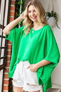 Solid Color Round Neck Dolman Sleeve Woven Top in Ultra Kelly Tops First Love   