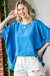 Solid Color Round Neck Dolman Sleeve Woven Top in French Blue Top First Love   