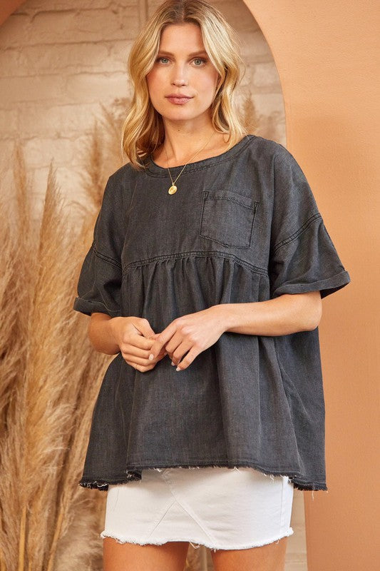 Babydoll Washed Denim Top in Charcoal Top Andree by Unit   
