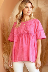Babydoll Washed Denim Top in Hot Pink Top Andree by Unit   